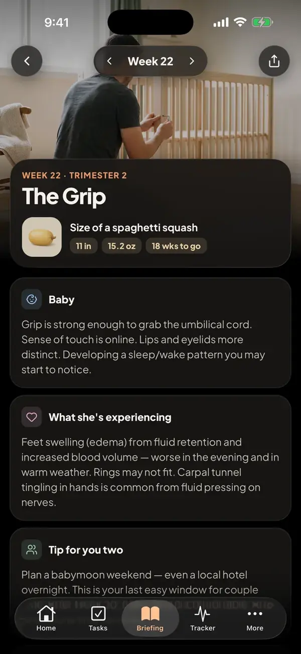 The app's week 22 briefing, The Grip: a dad assembling a crib, baby the size of a spaghetti squash (11 in, 15.2 oz, 18 weeks to go), then the Baby, What she's experiencing and Tip for you two sections.