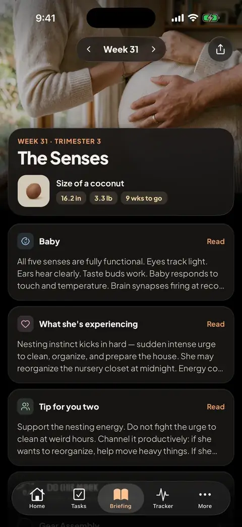 The app's week 31 briefing, The Senses: baby the size of a coconut (16.2 in, 3.3 lb, 9 weeks to go), then the Baby, What she's experiencing and Tip for you two sections.