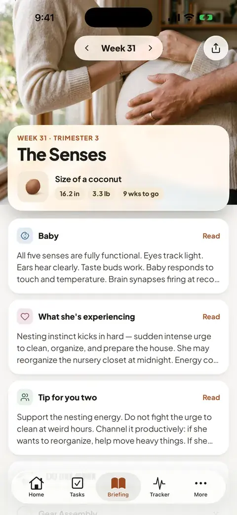 The app's week 31 briefing, The Senses: baby the size of a coconut (16.2 in, 3.3 lb, 9 weeks to go), then the Baby, What she's experiencing and Tip for you two sections.