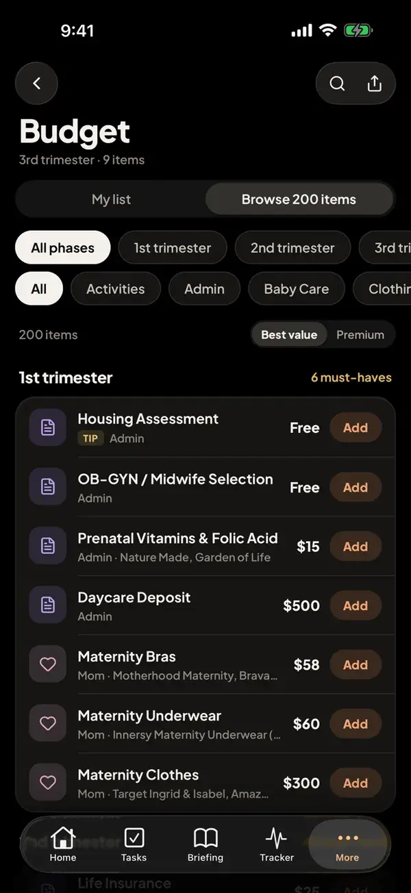 The app's budget, Browse 200 items tab: phase and category filters, then first-trimester items such as prenatal vitamins for $15 and a daycare deposit for $500, each with an Add button.