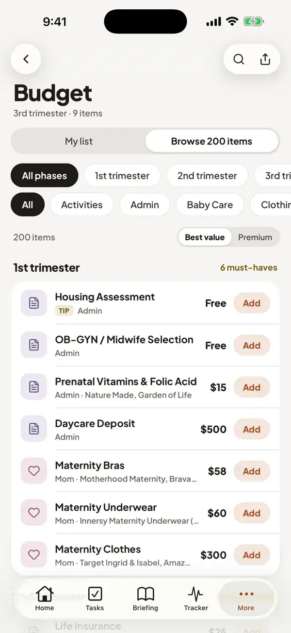 The app's budget, Browse 200 items tab: phase and category filters, then first-trimester items such as prenatal vitamins for $15 and a daycare deposit for $500, each with an Add button.