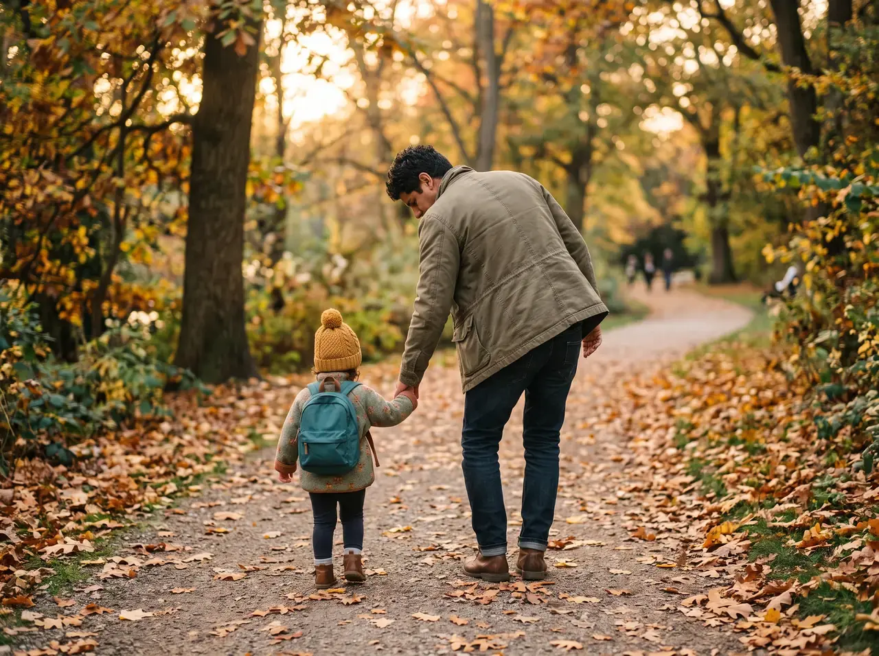 A father and toddler walking hand in hand along an autumn path