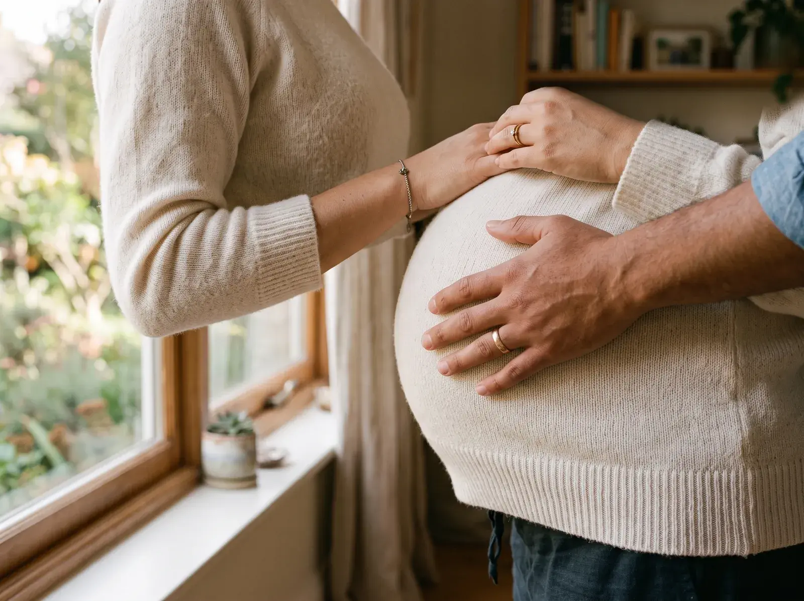 A man's hand resting on his partner's pregnant belly by a window